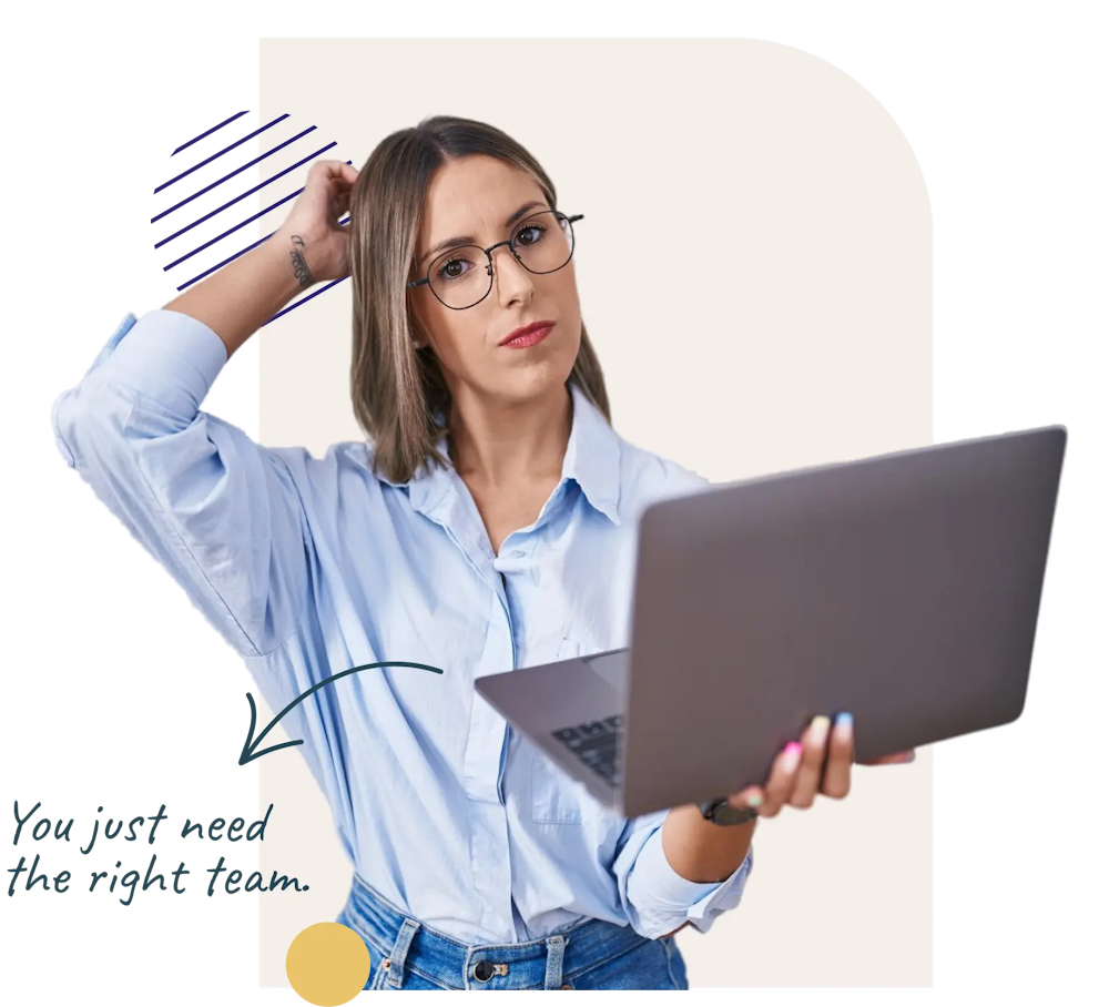 Confused woman holding laptop